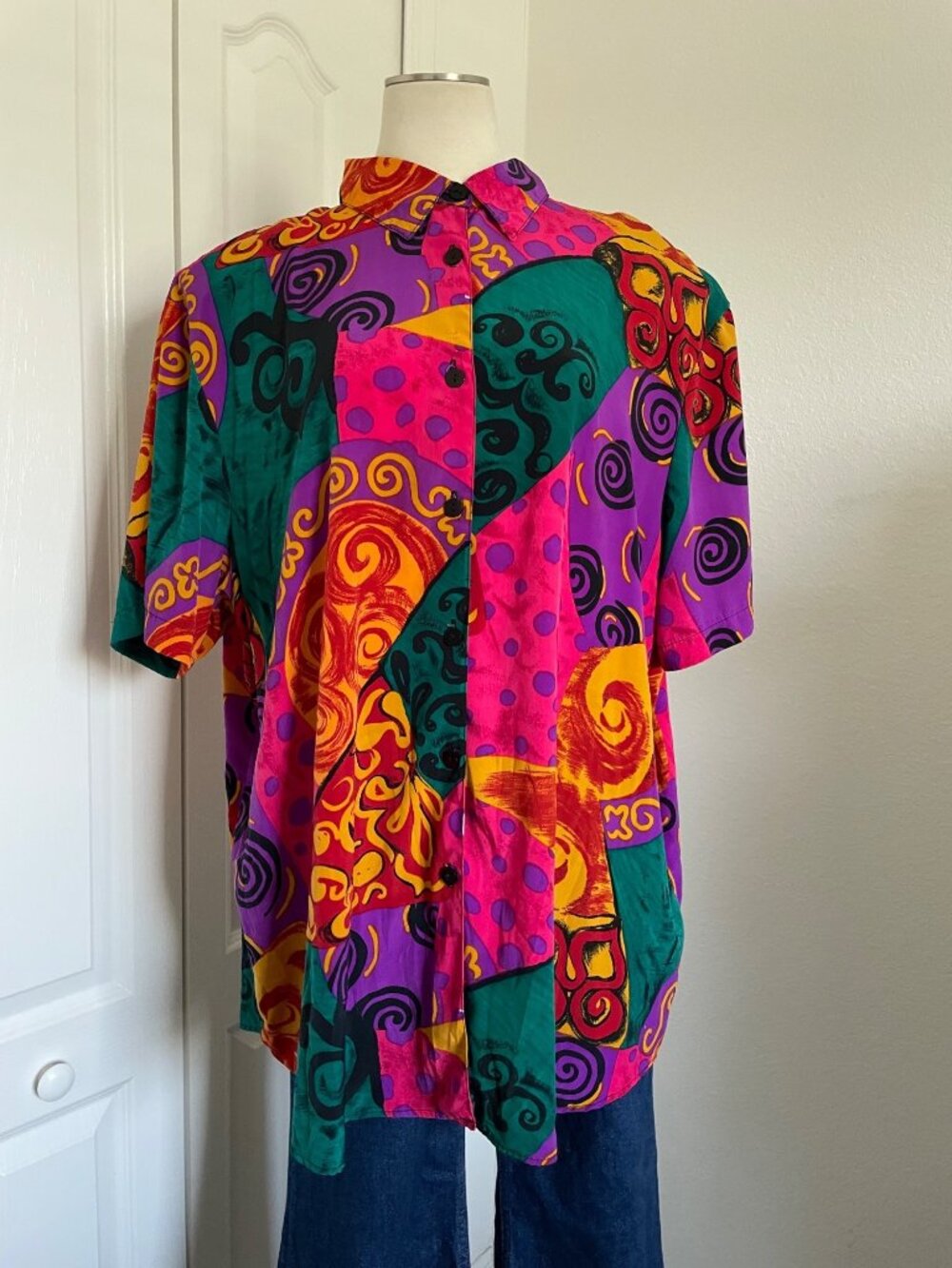 Vintage 1993 Teddi Colorful Abstract Print Button Down Top Women's Size XL